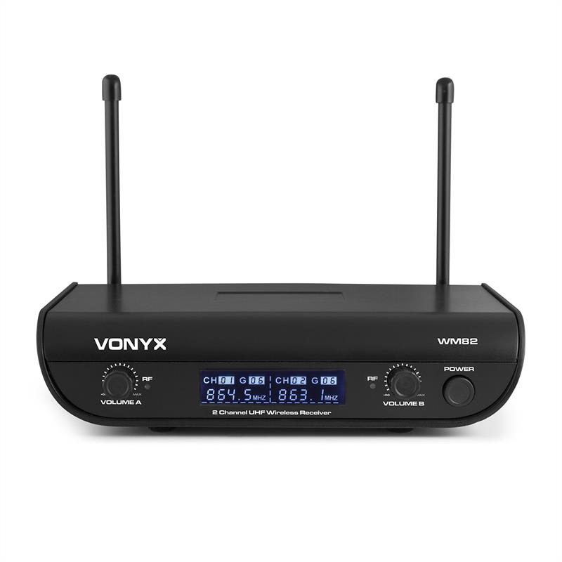 Vonyx WM82B Digital, 2-kanálový systém UHF bezdrôtových mikrofónov, 2 x headset mikrofón, 50 m, kufor – Obrázok 2