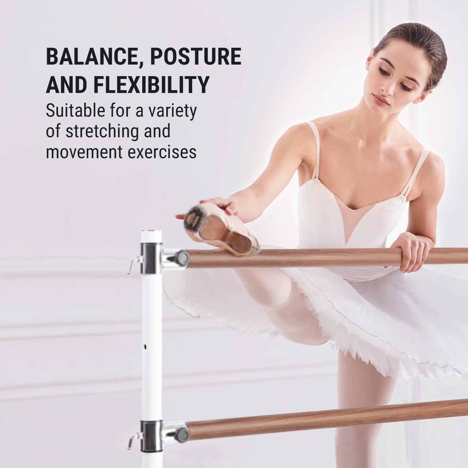 KLARFIT Barre Anna, dvojitá baletná tyč, 110 x 113 cm, 2 x 38 mm Ø, biela – Obrázok 4