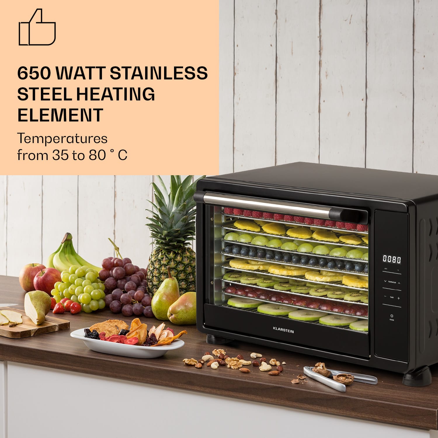 Klarstein Mega Jerky, automatická sušička potravín, 650 W, 35-80°C, dotykový LCD displej, 8 poschodí, čierna – Obrázok 2