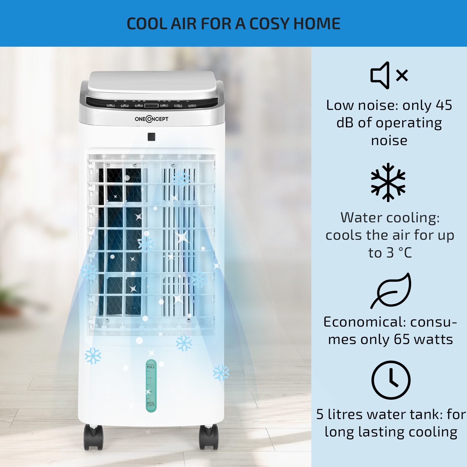 OneConcept Freshboxx Pro, ochladzovač vzduchu, 3 v 1, 65 W, 966 m³/h, 3 stupne prúdenia vzduchu, biely – Obrázok 2