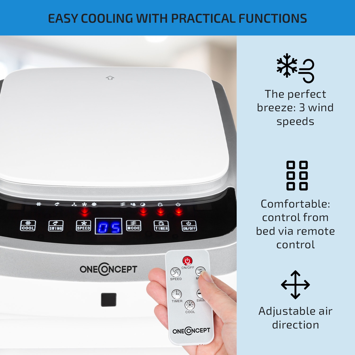 OneConcept Freshboxx Pro, ochladzovač vzduchu, 3 v 1, 65 W, 966 m³/h, 3 stupne prúdenia vzduchu, biely – Obrázok 4