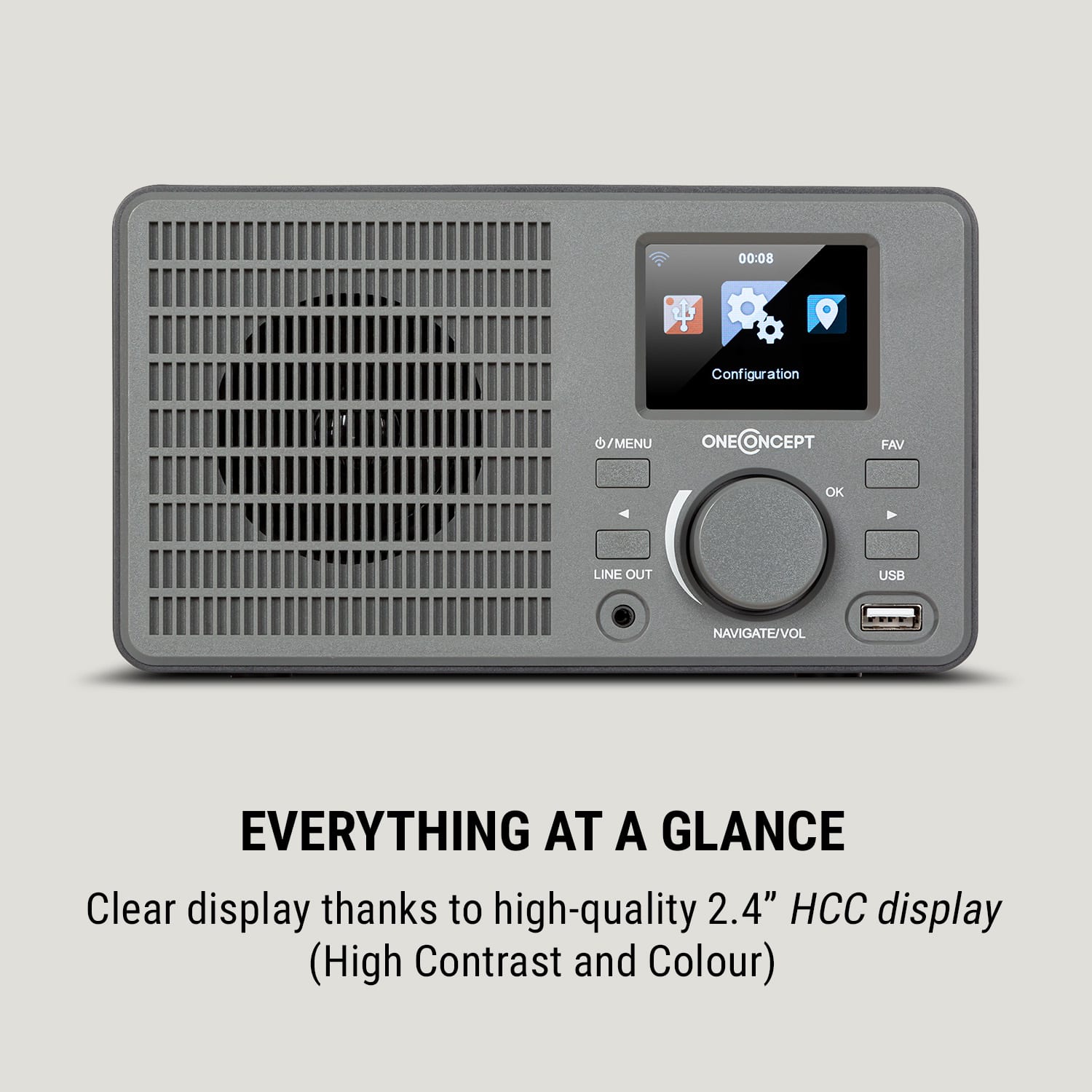 OneConcept TuneUp, internetové rádio, 5 W, WLAN, USB, HCC displej, linkový výstup, tmavosivé – Obrázok 3