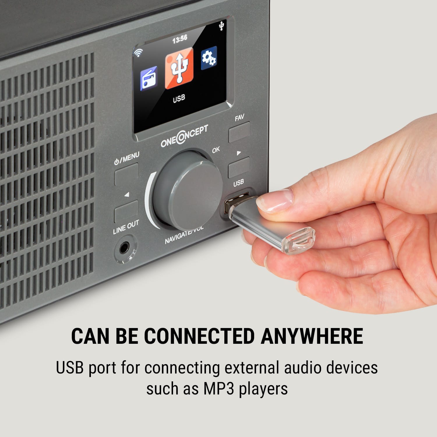 OneConcept TuneUp, internetové rádio, 5 W, WLAN, USB, HCC displej, linkový výstup, tmavosivé – Obrázok 5