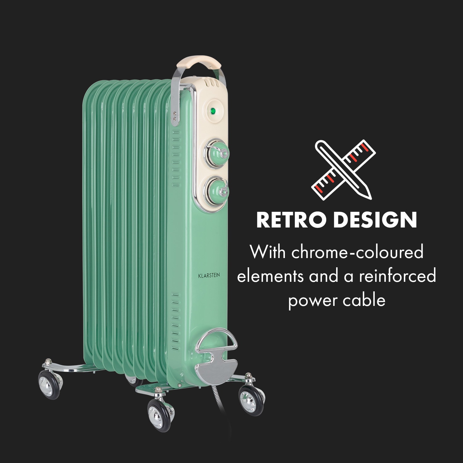 Klarstein Thermaxx Retroheat, olejový radiátor, 2000 W, kolieska, zelený – Obrázok 3