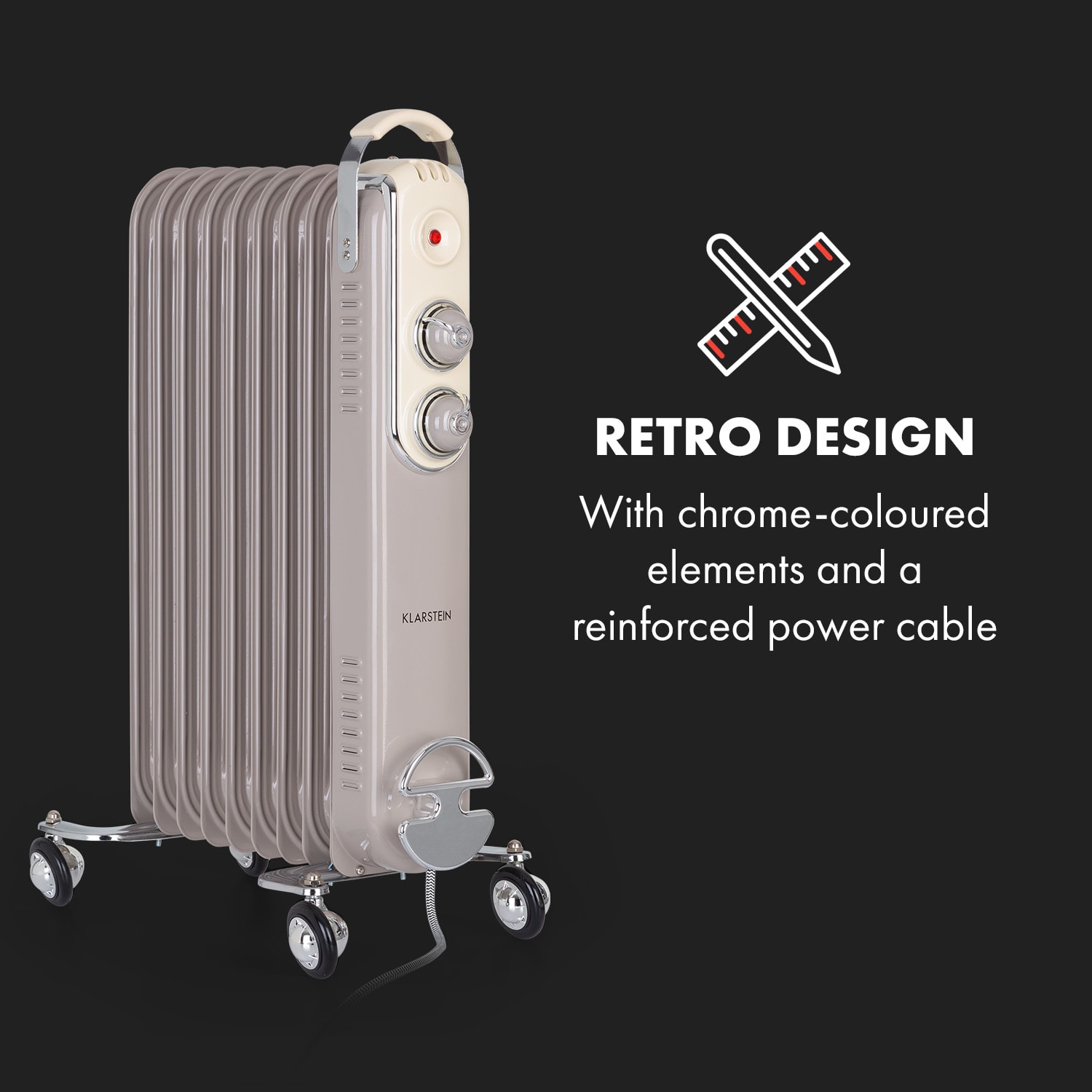 Klarstein Thermaxx Retroheat, olejový radiátor, 2000 W, kolieska, sivohnedý (taupe) – Obrázok 3