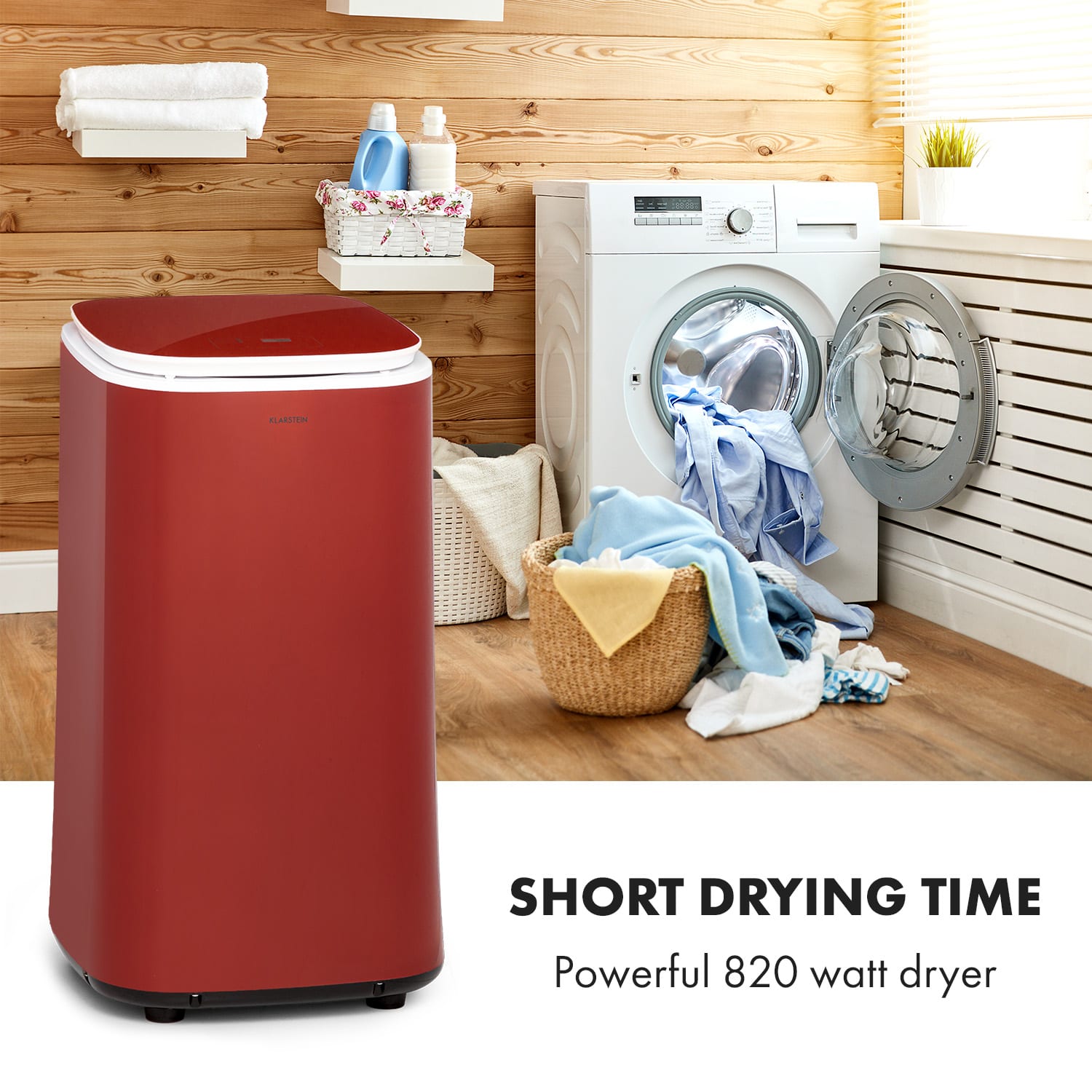 Klarstein Zap Dry, sušička bielizne, 820 W, 50 l, dotykový ovládací panel, LED displej, červená – Obrázok 2
