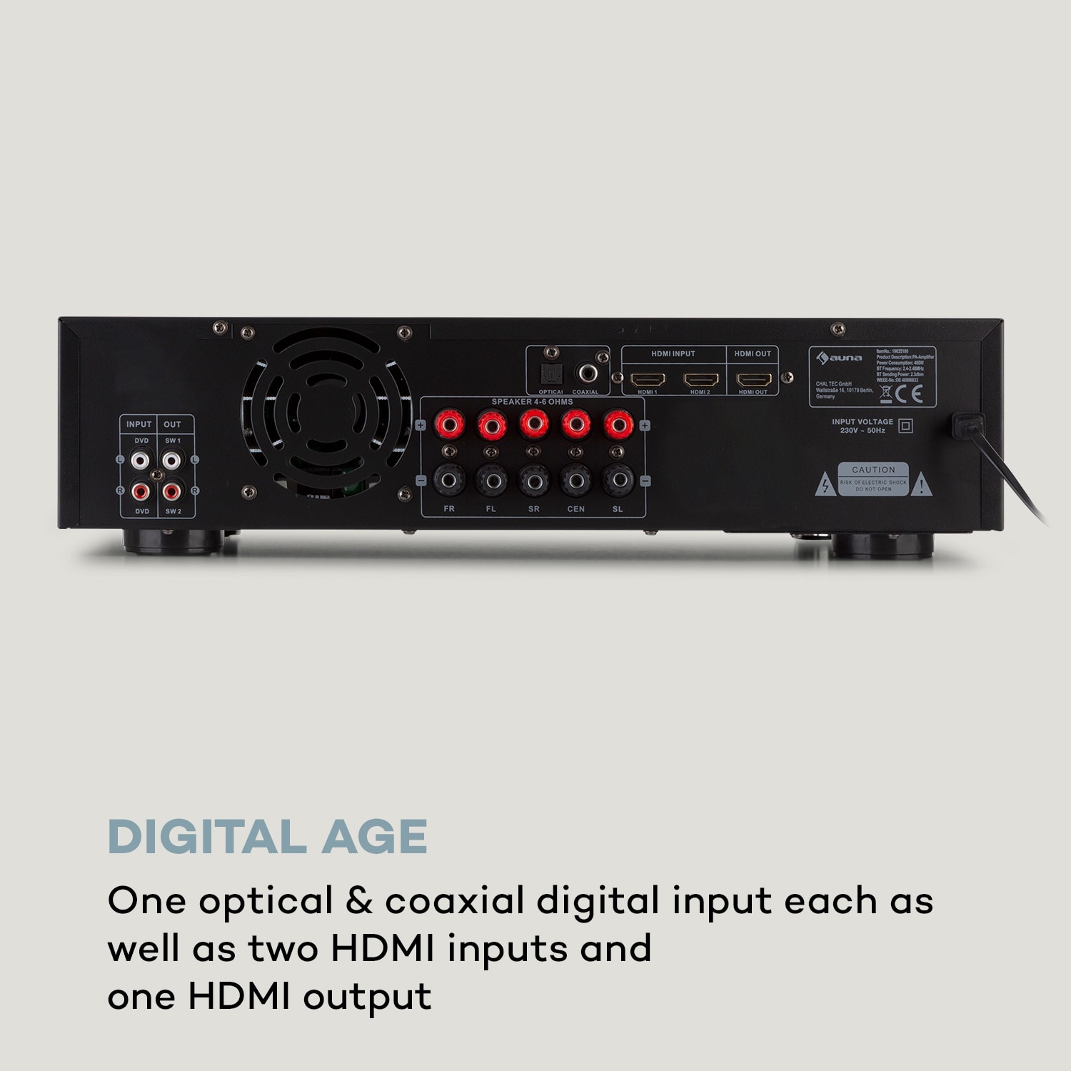 Auna AMP-H260, zosilňovač, 2 x 100 W + 3 x 20 W RMS, BT, opt./koax. digitálny vstup, čierny – Obrázok 5