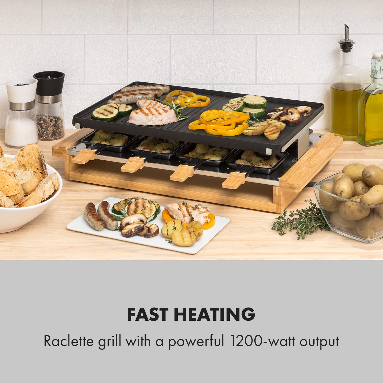 Klarstein Tournedo, raclette gril, 1200 W, liaty hliník, pre 8 osôb, drevený dekor – Obrázok 2