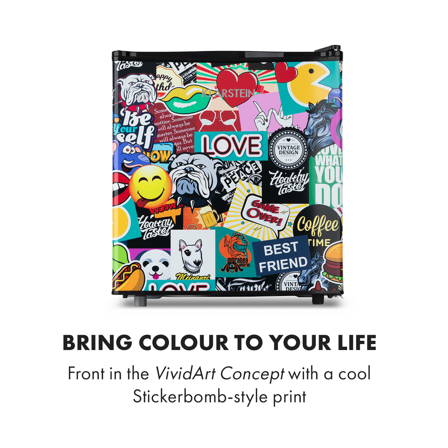 Klarstein Cool Vibe 46+, chladnička, 46 l, energet. trieda F, VividArt Concept, štýl stickerbomb – Obrázok 3