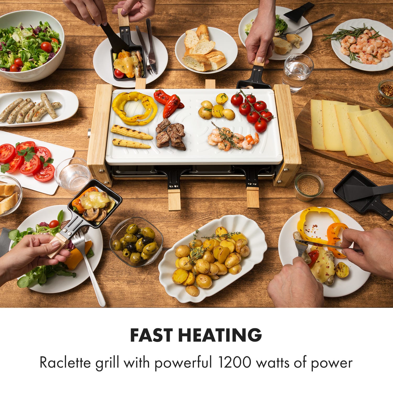 Klarstein Chateaubriand Nuovo, raclette, 1200 W, hliník, 8 osôb, drevený dekor – Obrázok 2
