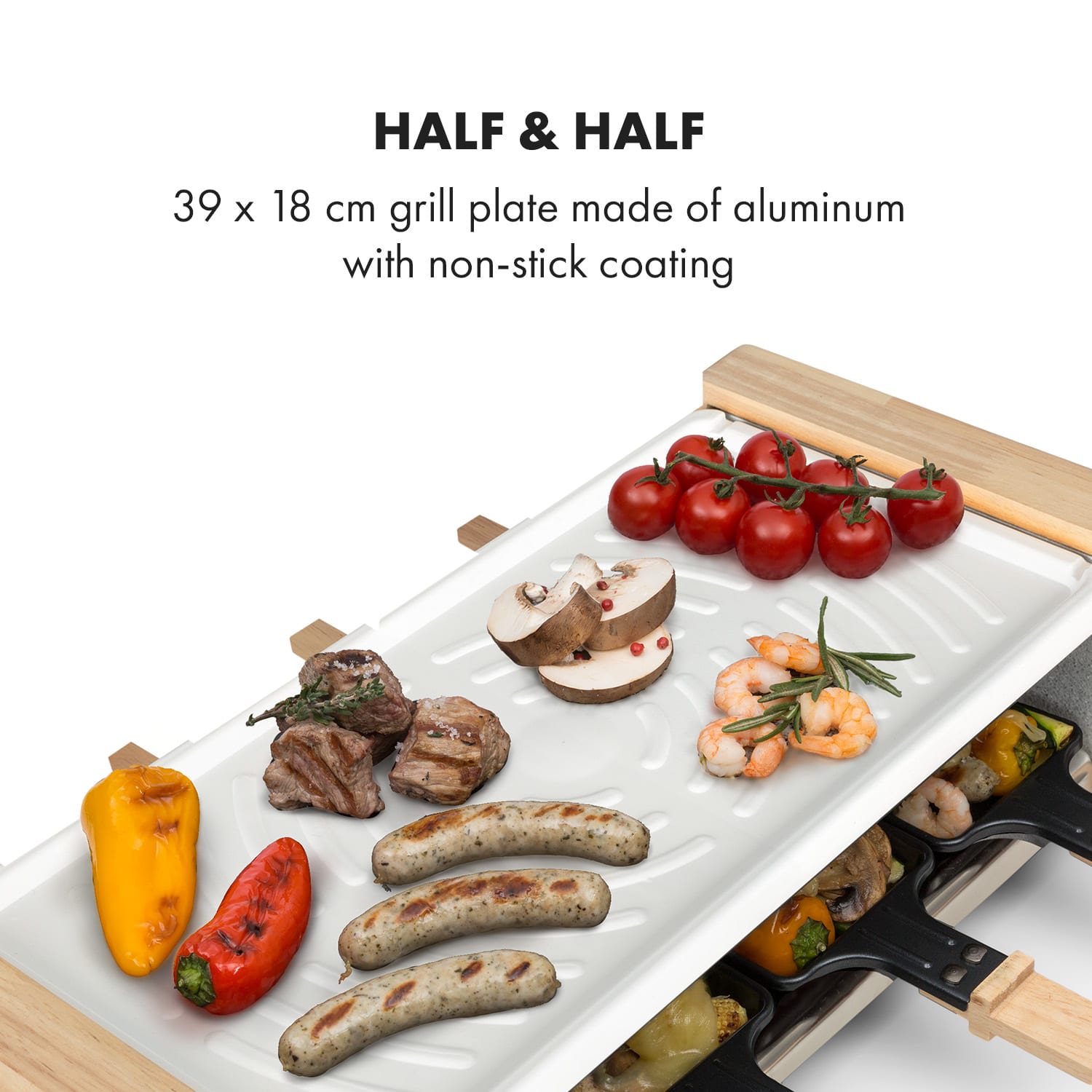 Klarstein Chateaubriand Nuovo, raclette, 1200 W, hliník, 8 osôb, drevený dekor – Obrázok 3