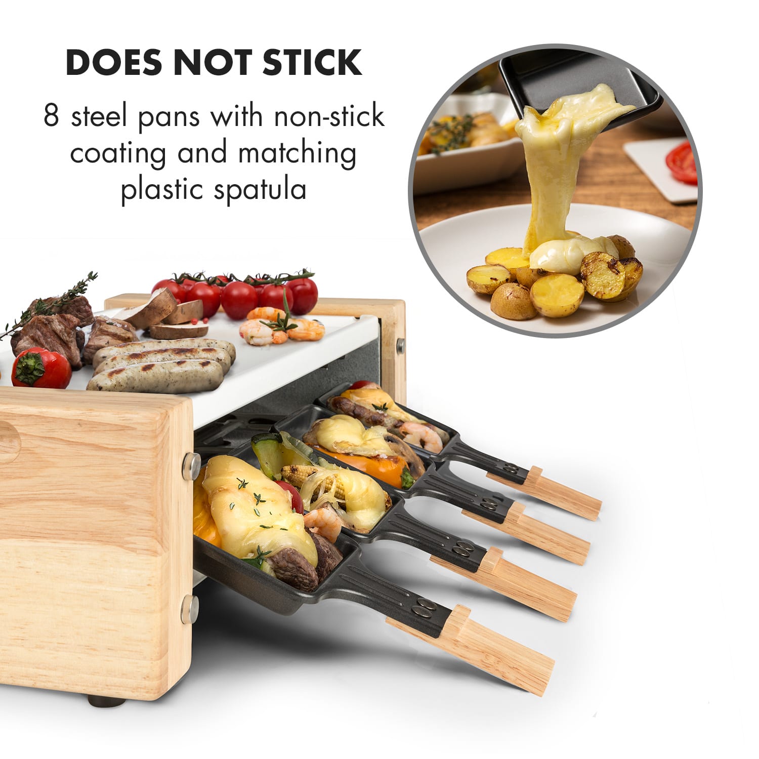 Klarstein Chateaubriand Nuovo, raclette, 1200 W, hliník, 8 osôb, drevený dekor – Obrázok 4
