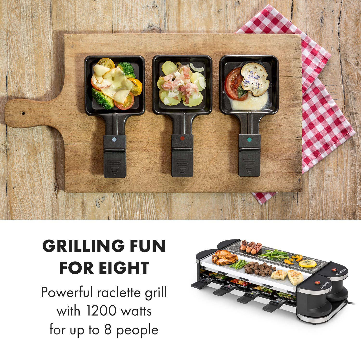 Klarstein Tenderloin 50/50, raclette gril, 1200 W, prírodný kameň, pre 8 osôb, biely – Obrázok 2