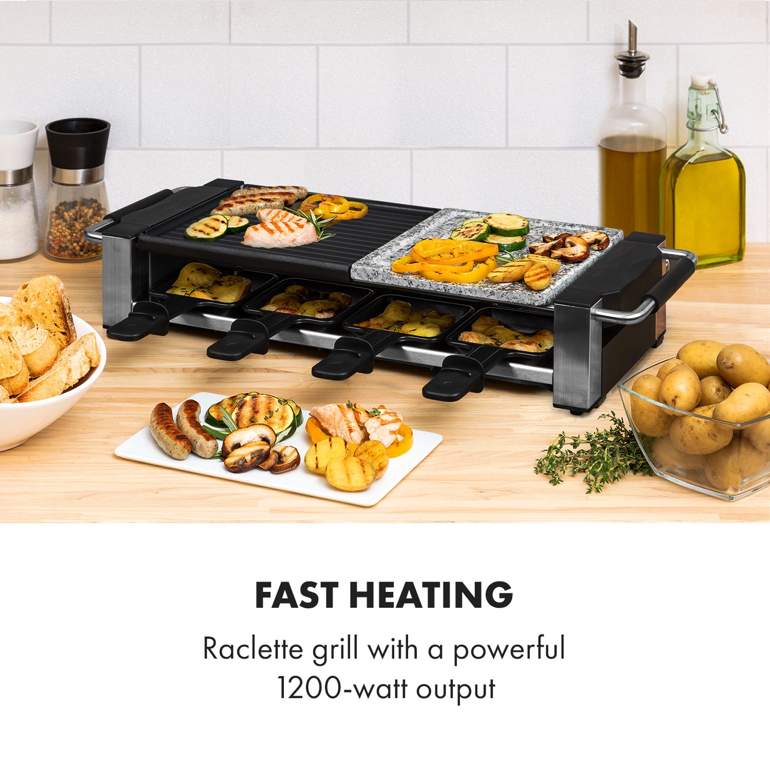 Klarstein Bistecca, raclette gril, 1200 W, kov/kameň, 8 osôb, LED kontrolka – Obrázok 2