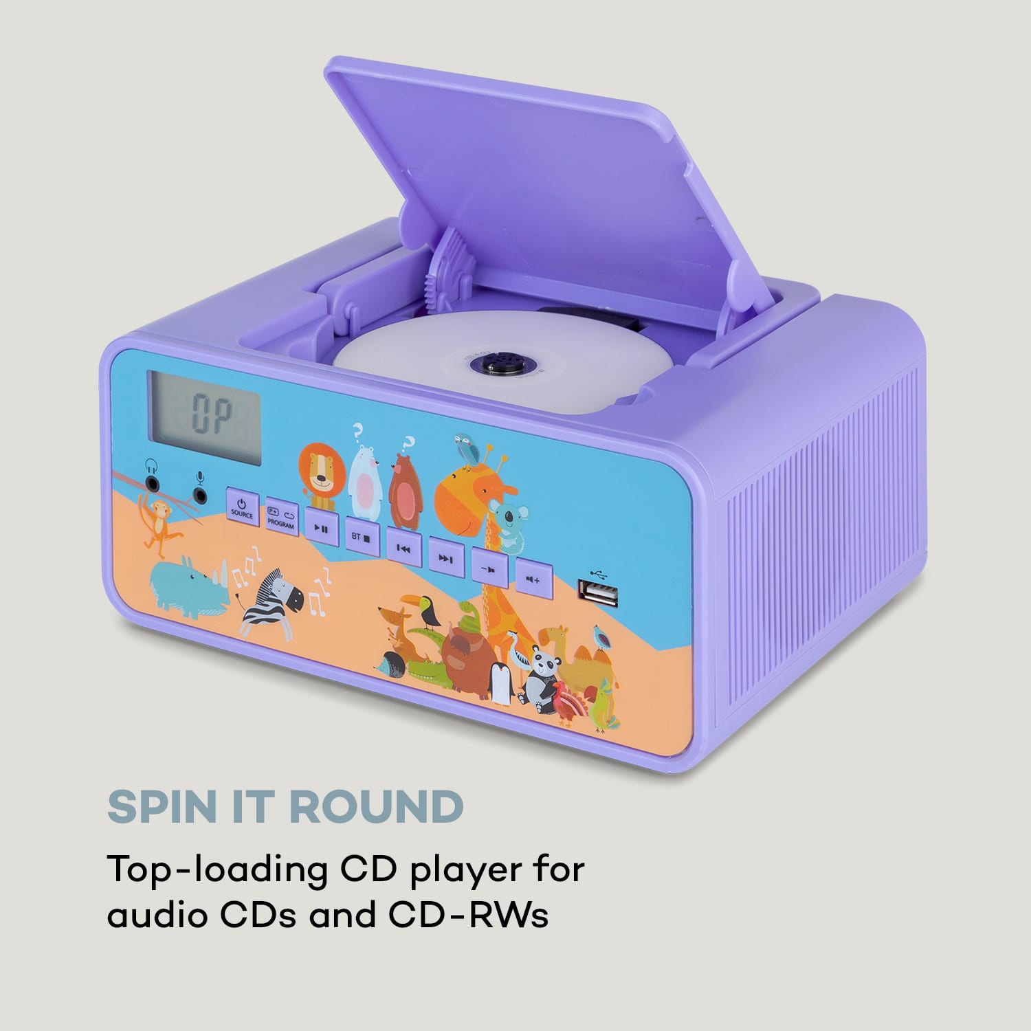 Auna Kidsbox Zoo, CD boombox, CD prehrávač, BT, USB, LC displej, zvieratá, fialový – Obrázok 3