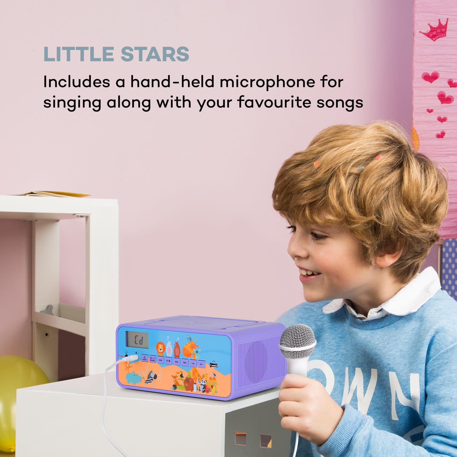 Auna Kidsbox Zoo, CD boombox, CD prehrávač, BT, USB, LC displej, zvieratá, fialový – Obrázok 5