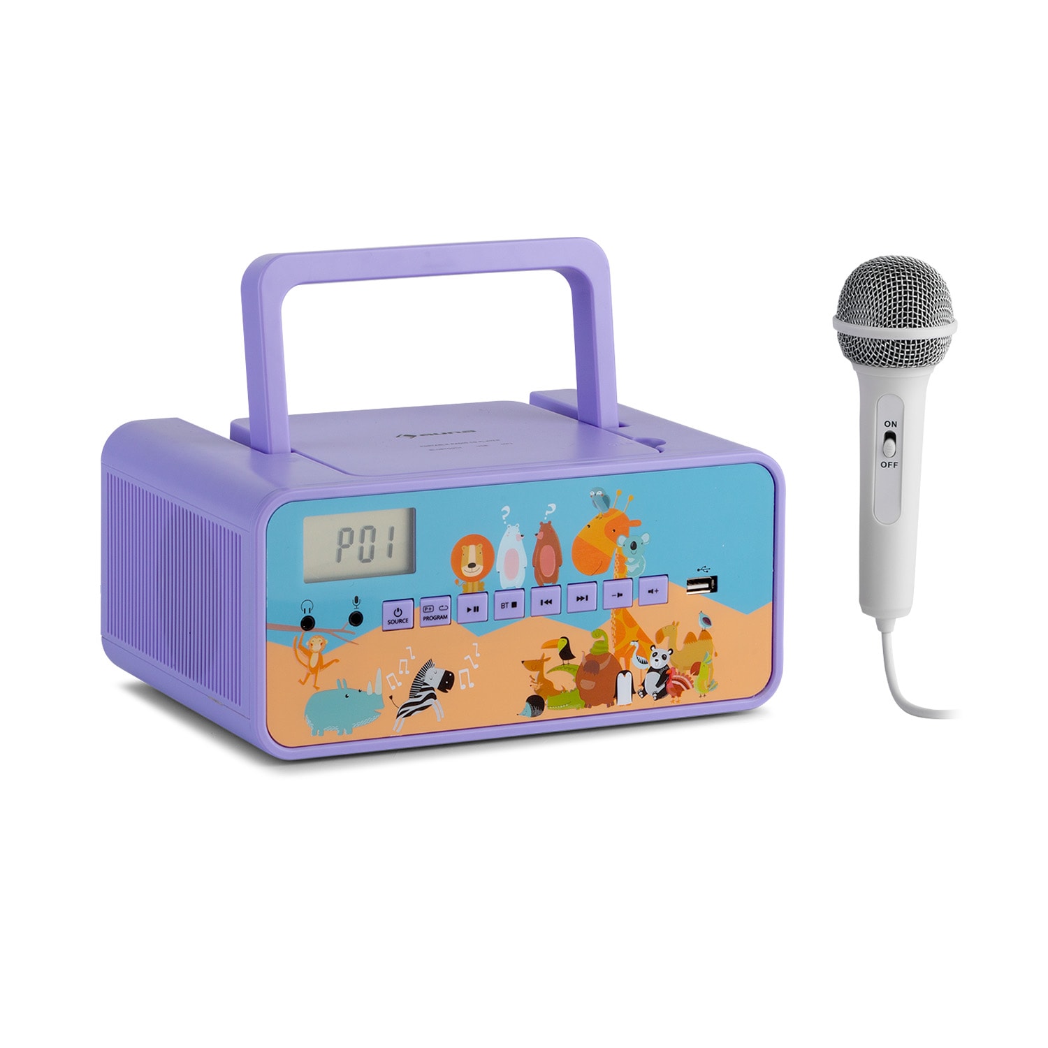 Auna Kidsbox Zoo, CD boombox, CD prehrávač, BT, USB, LC displej, zvieratá, fialový
