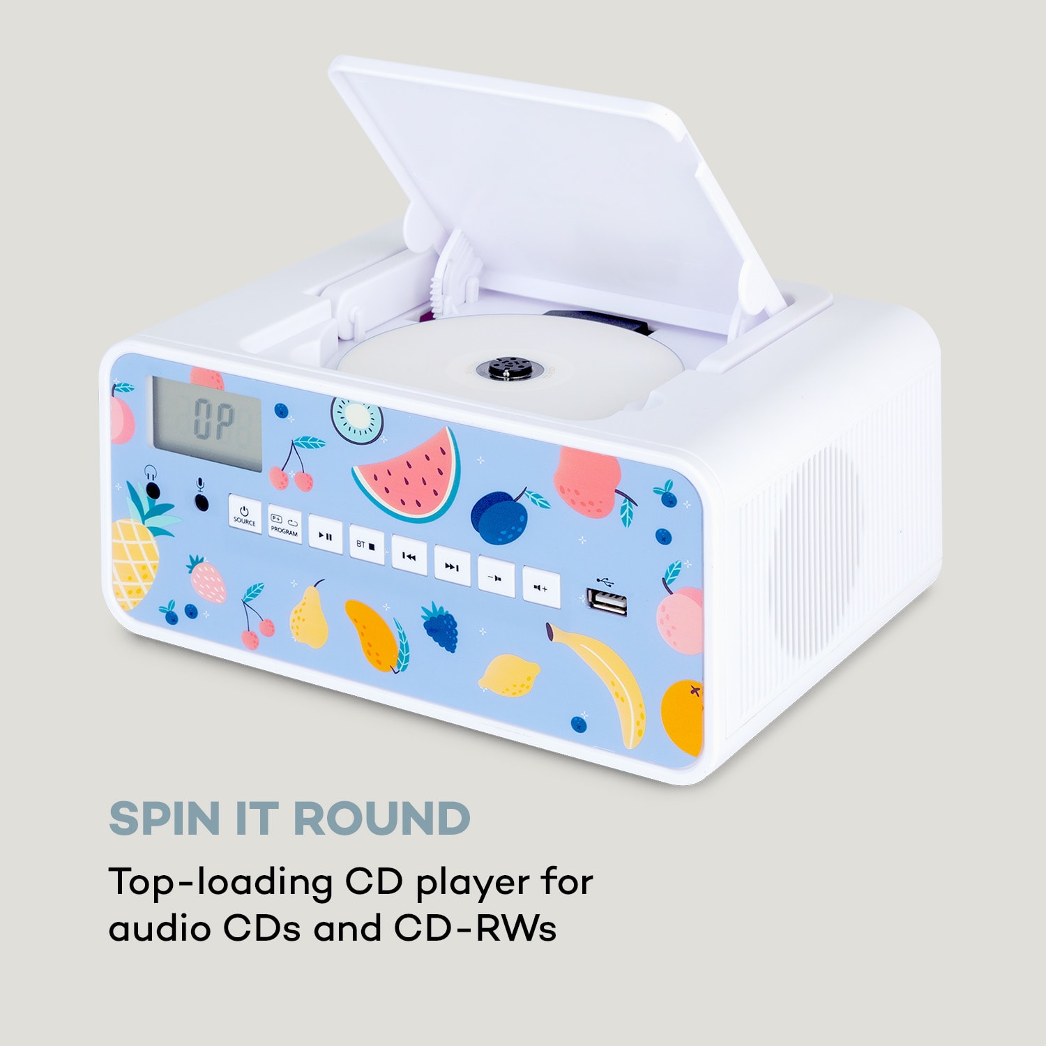 Auna Kidsbox Fruits, CD boombox, CD prehrávač, BT, USB, LC displej, ovocie, biely – Obrázok 3