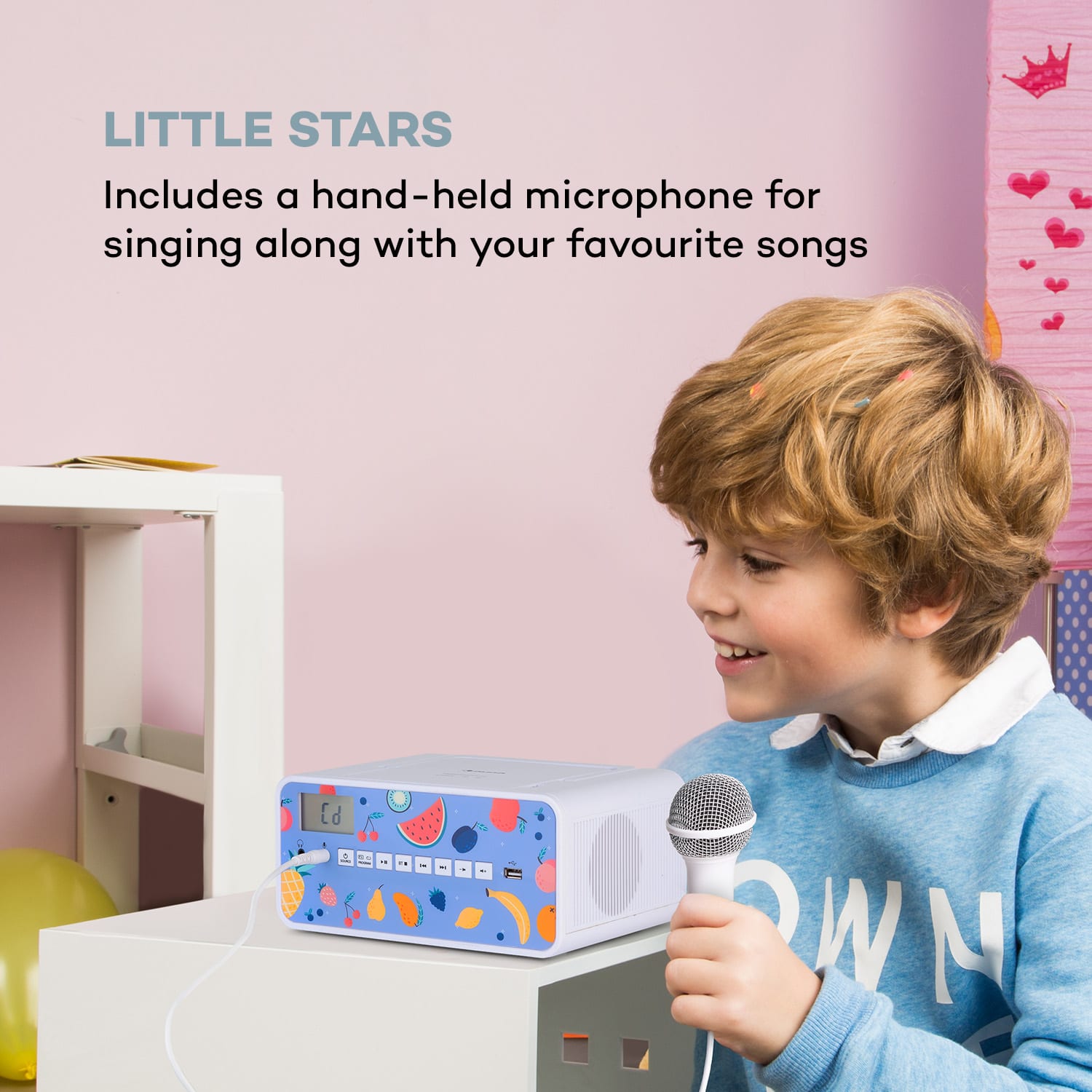 Auna Kidsbox Fruits, CD boombox, CD prehrávač, BT, USB, LC displej, ovocie, biely – Obrázok 5