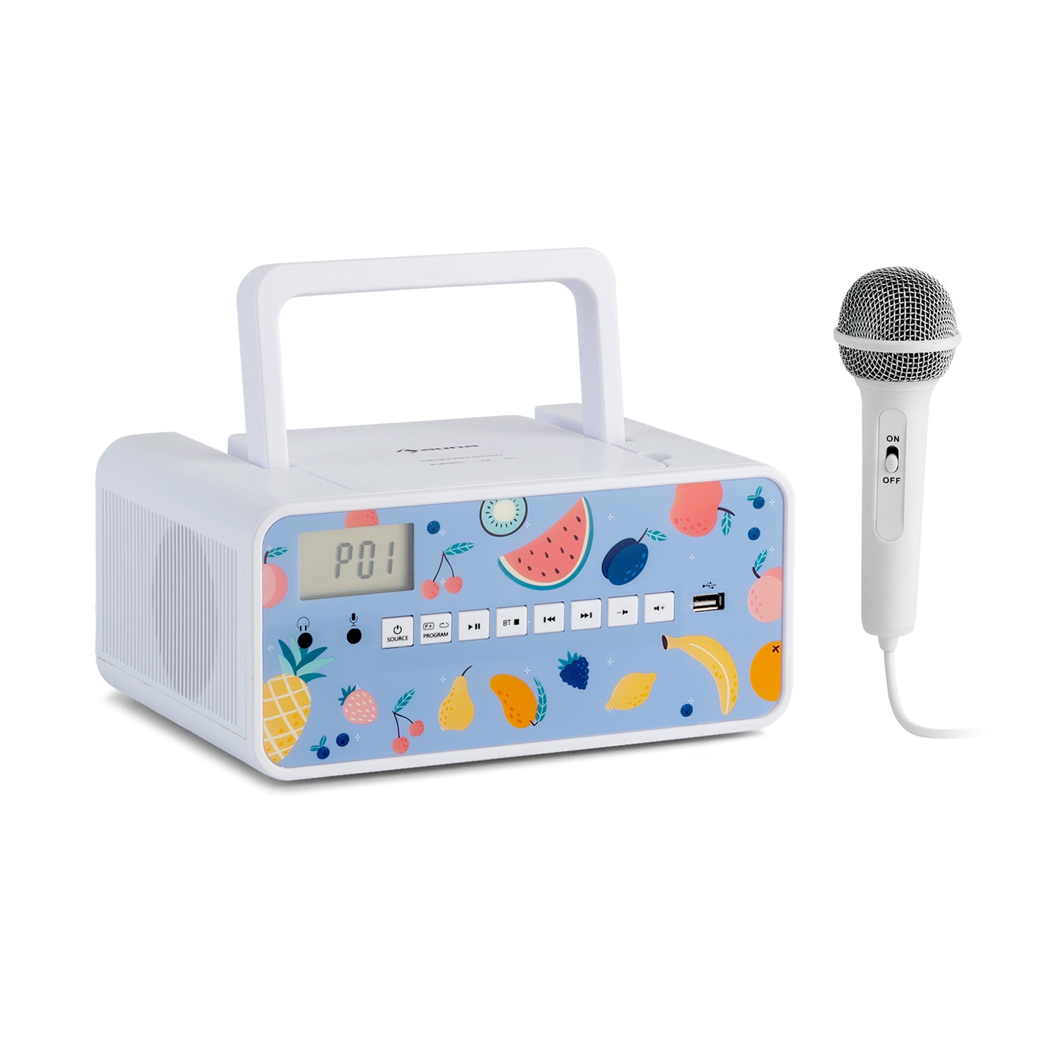 Auna Kidsbox Fruits, CD boombox, CD prehrávač, BT, USB, LC displej, ovocie, biely