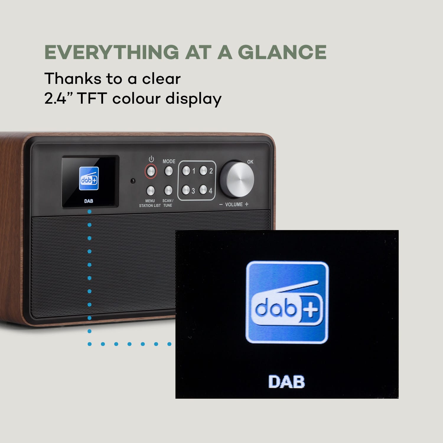 Auna Nestor, DAB+ rádio, DAB+/FM, 2 prevádzkové režimy, 2,4" TFT farebný displej, hnedé – Obrázok 5
