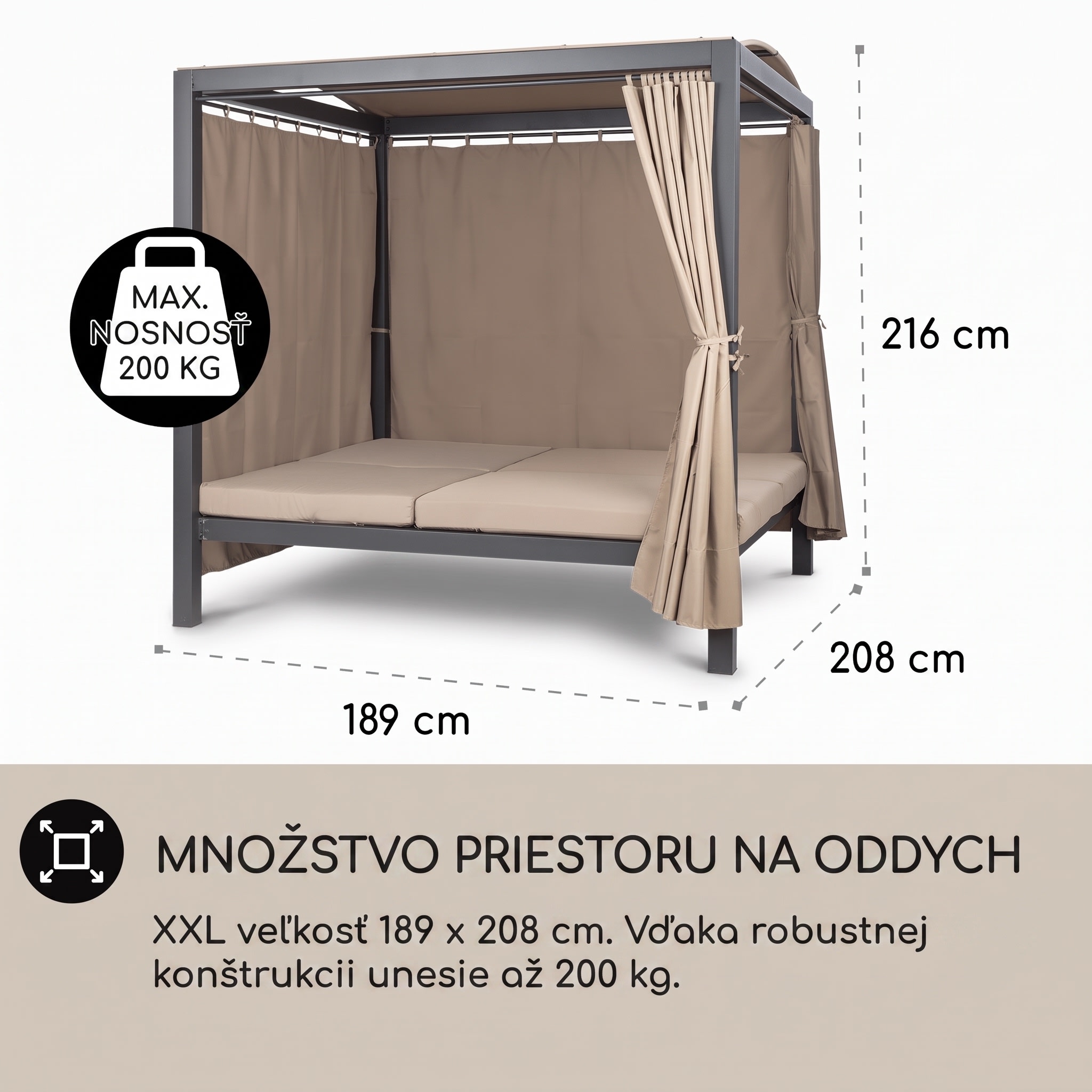 Blumfeldt Eremitage Double XL, ležadlo, pre 2 osoby, oceľový rám, slnečná strecha, závesy – Obrázok 5