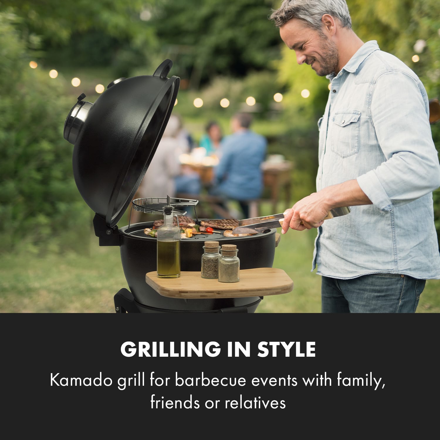 Klarstein Duomo, kamado gril, teplomer, bočné stolíky, prenosný, ušľachtilá oceľ, keramický, Ø 49 cm, liatinový rošt – Obrázok 2