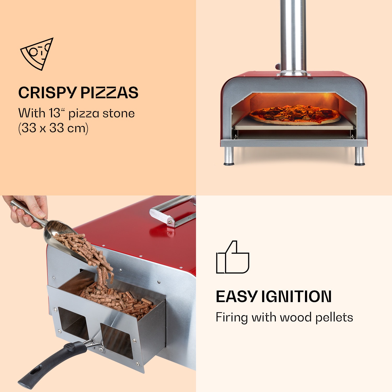 Klarstein Diavolo, peletová pec na pizzu, vrátane kameňa na pizzu, teplomer, nehrdzavejúca oceľ – Obrázok 3
