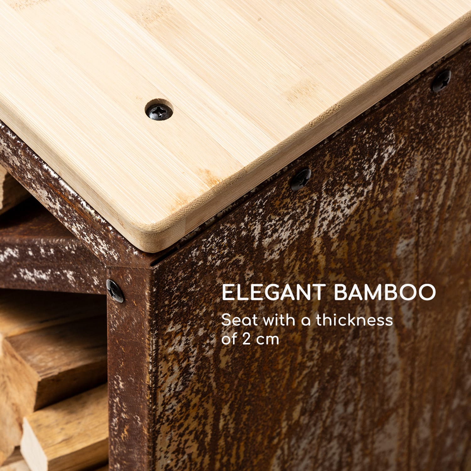 Blumfeldt Kindlewood S Rust, stojan na drevo, lavička, 57 × 56 × 36 cm, bambus, zinok – Obrázok 4