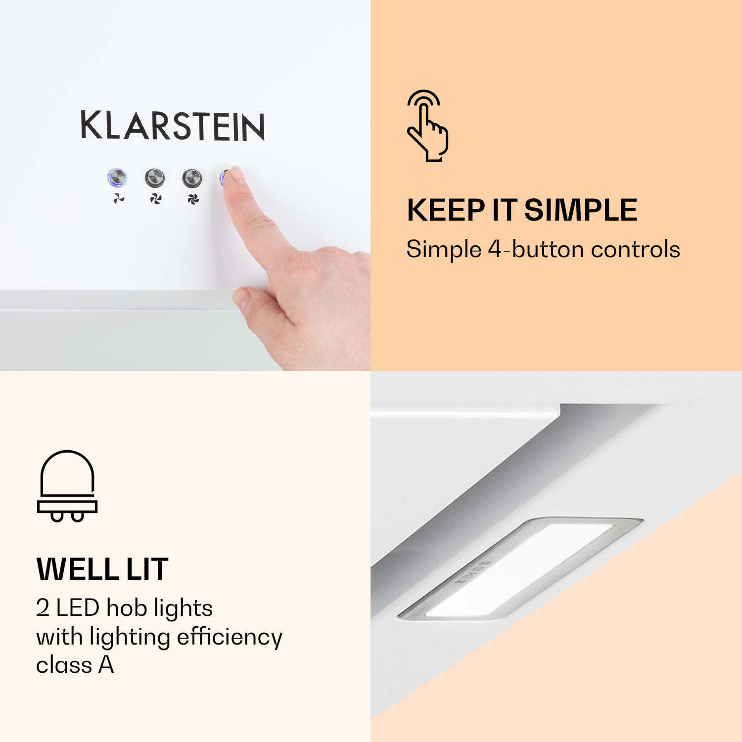 Klarstein Kronleuchter, digestor, 44 cm, ostrovčekový, 596 m³/h, LED panel, A, biely – Obrázok 3