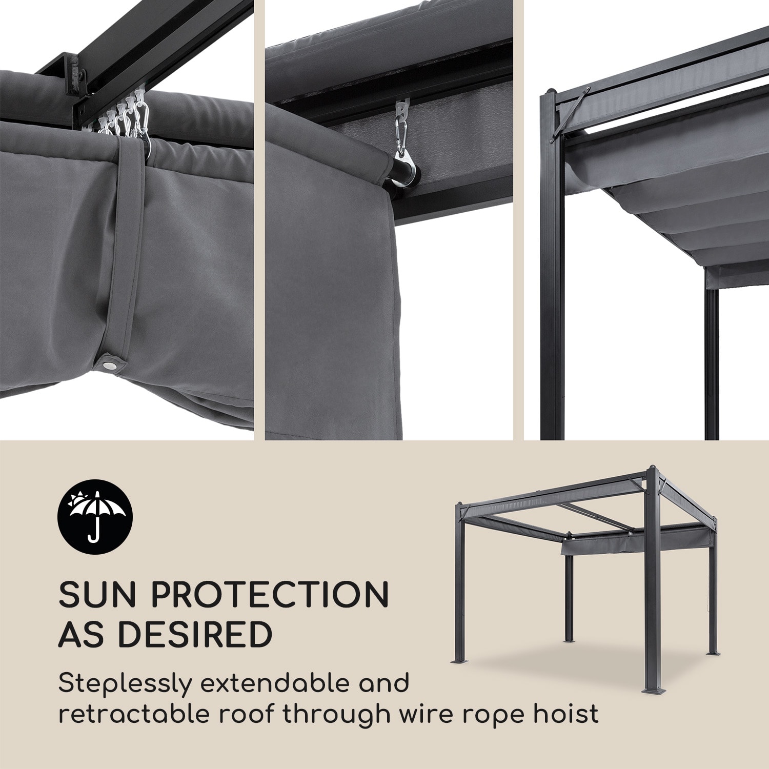 Blumfeldt Pantheon Cortina Pergola, náhradná strecha 200 g/m², polyesterová tkanina, 3 x 3 m, vrátane lankového tiahla – Obrázok 3