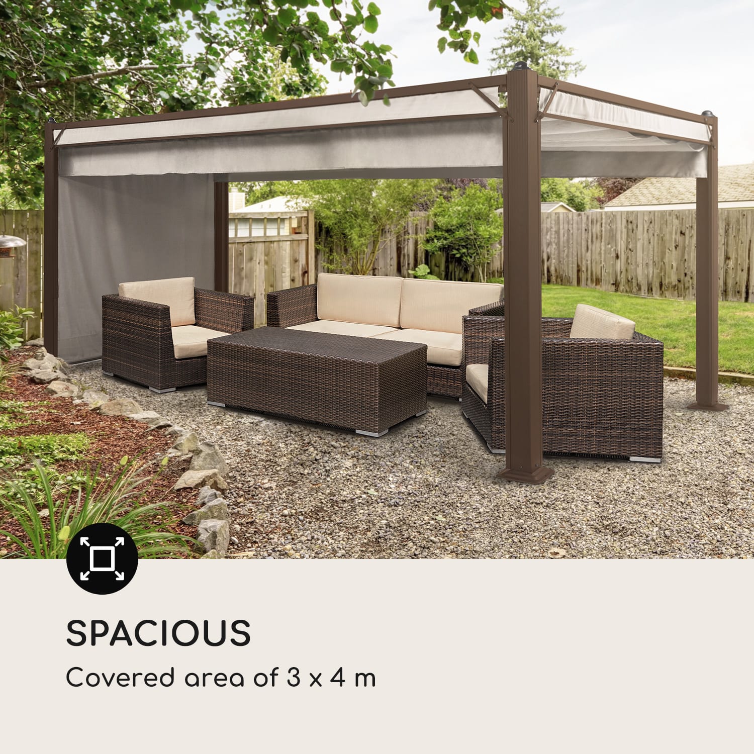 Blumfeldt Pantheon Cortina Pergola, súprava náhradných bočných stien: 4 steny, 200 g/m², polyesterová tkanina, 3 x 4 m – Obrázok 4