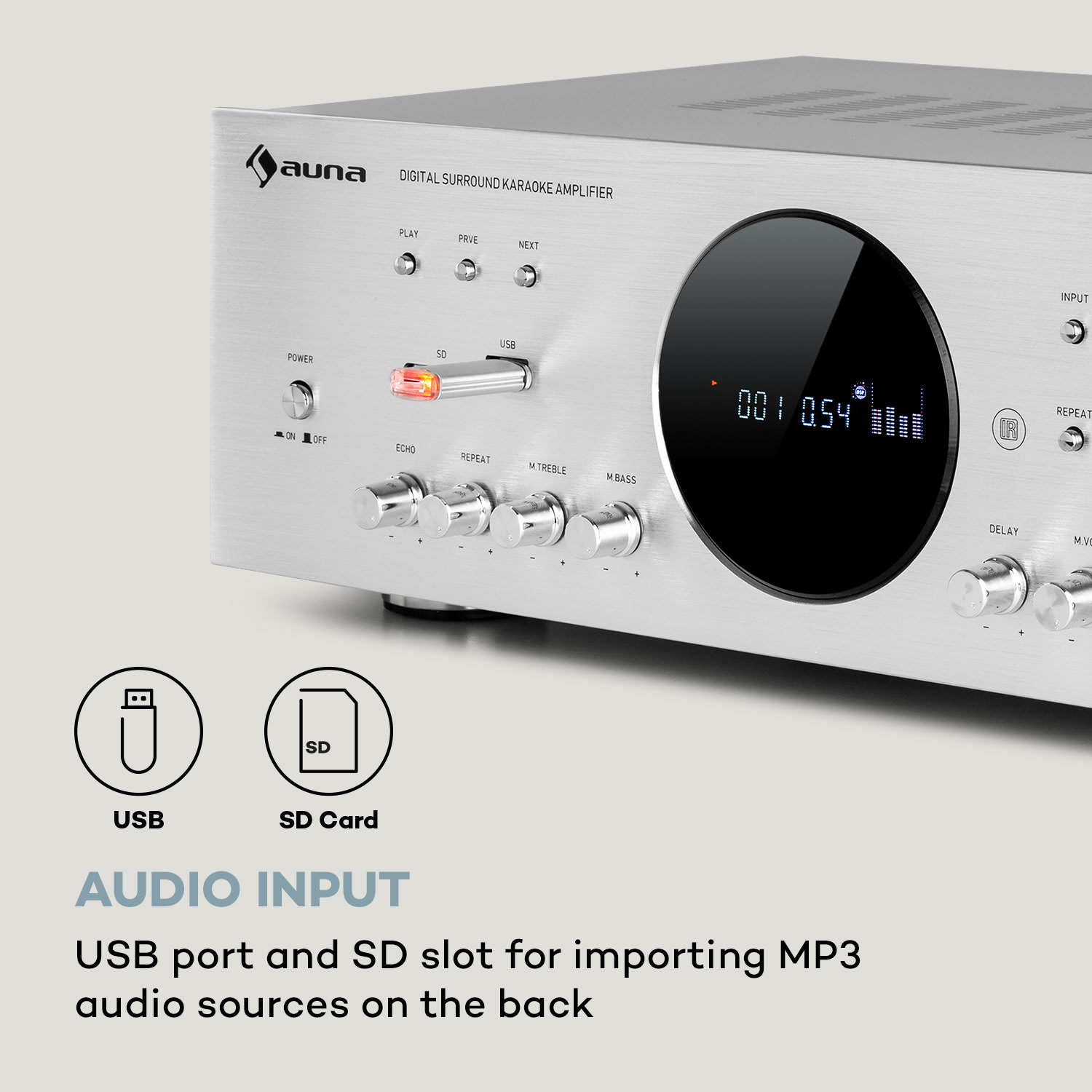 Auna AMP-218 BT, Digital-Surround zosilňovač, 5.1, 2 x 120W, 3 x 50W, RMS, BT, 2 x mikro – Obrázok 5