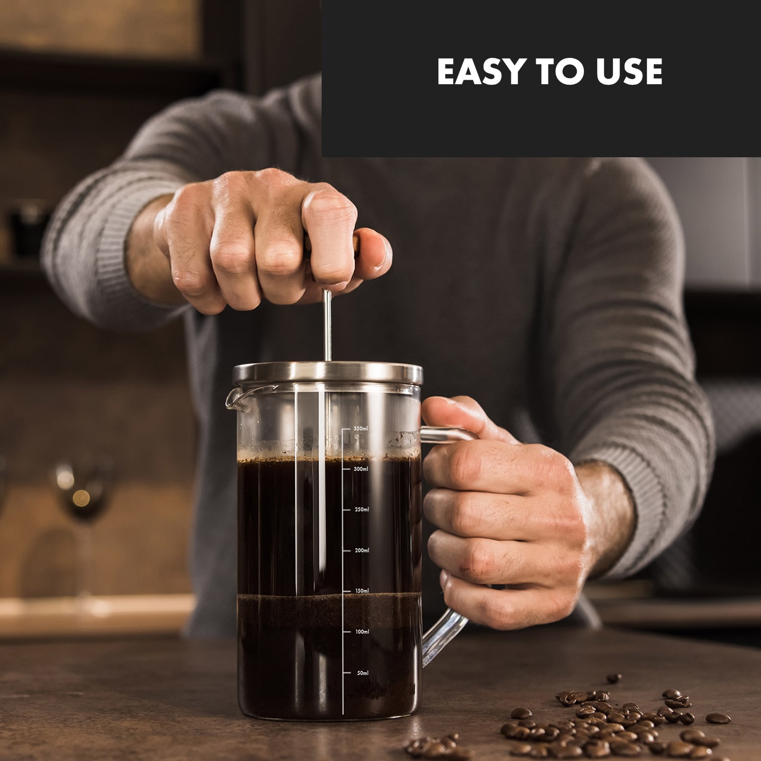 Klarstein Glaswerk Ristretto, french press, 0,35 l, borosilikátové sklo, nehrdzavejúca oceľ, orechové drevo – Obrázok 3