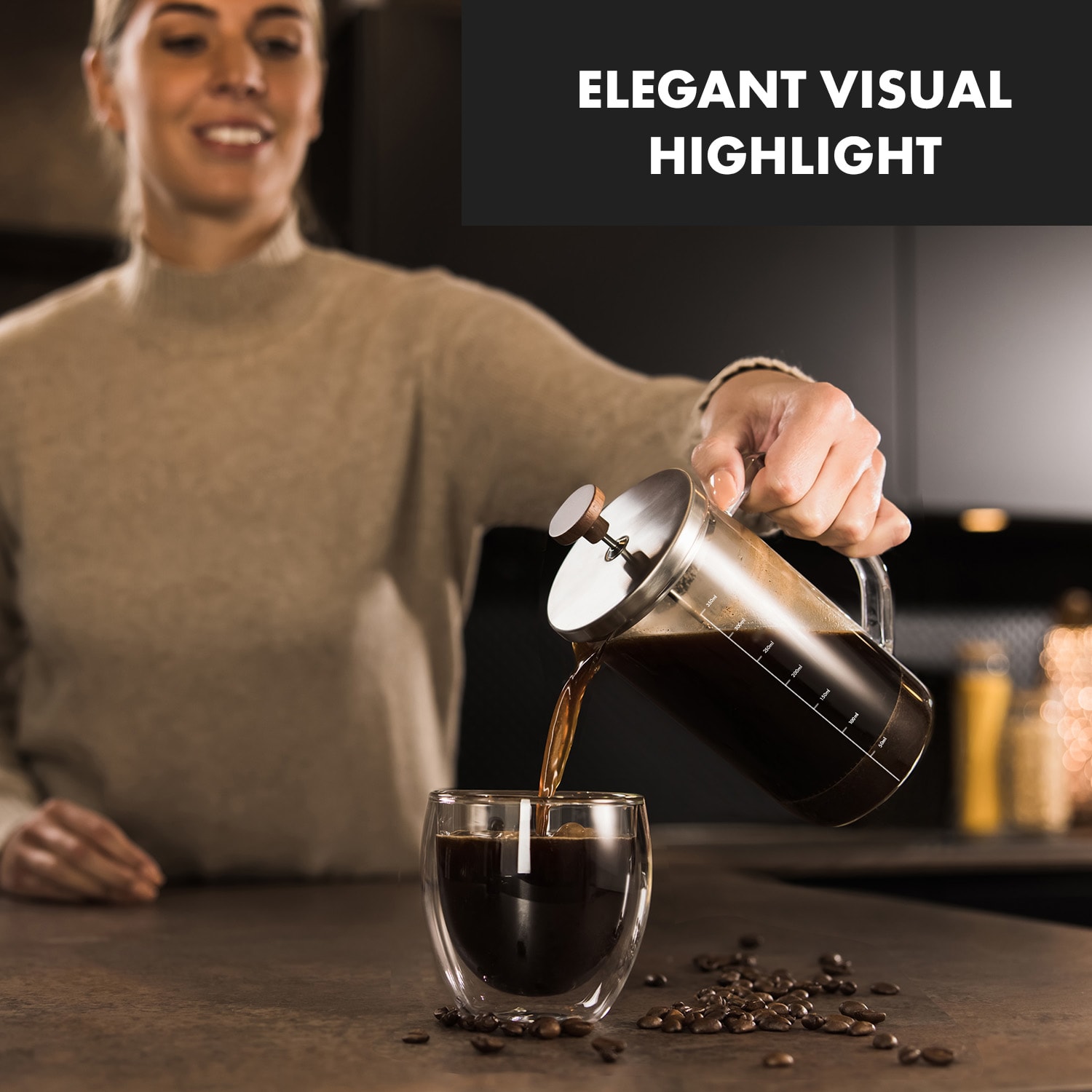 Klarstein Glaswerk Ristretto, french press, 0,35 l, borosilikátové sklo, nehrdzavejúca oceľ, orechové drevo – Obrázok 4