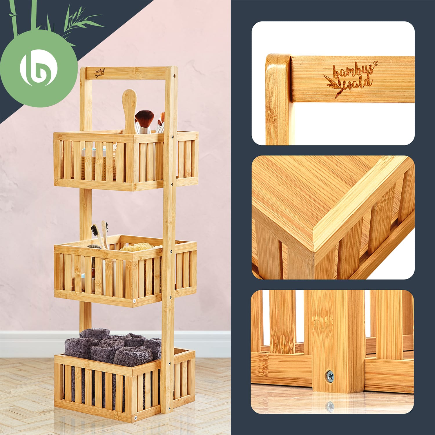 Blumfeldt Premium, regál do sprchy, 27 x 82 x 24 cm, mriežkovaný dizajn, odolný voči vode, bambus – Obrázok 2