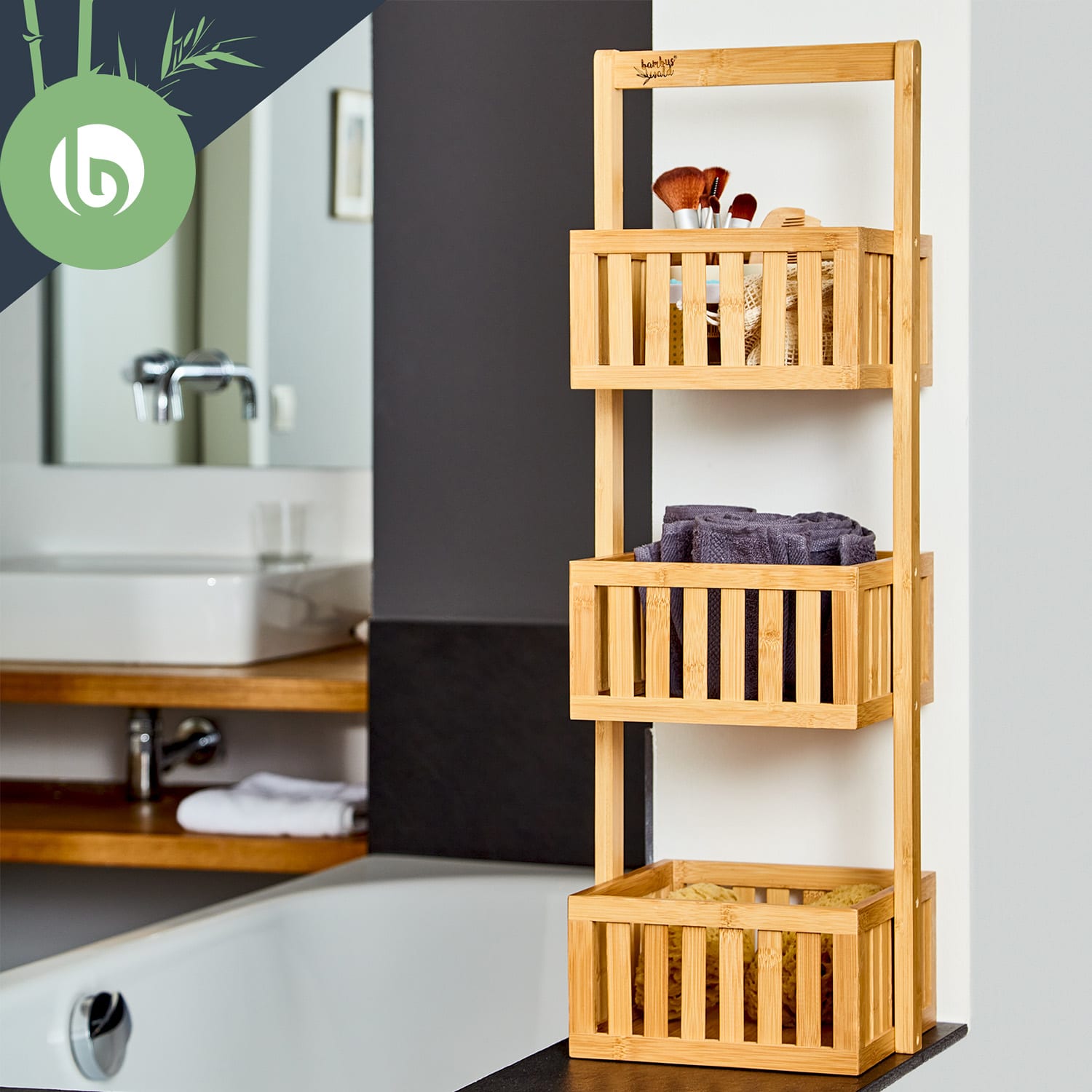 Blumfeldt Premium, regál do sprchy, 27 x 82 x 24 cm, mriežkovaný dizajn, odolný voči vode, bambus – Obrázok 4