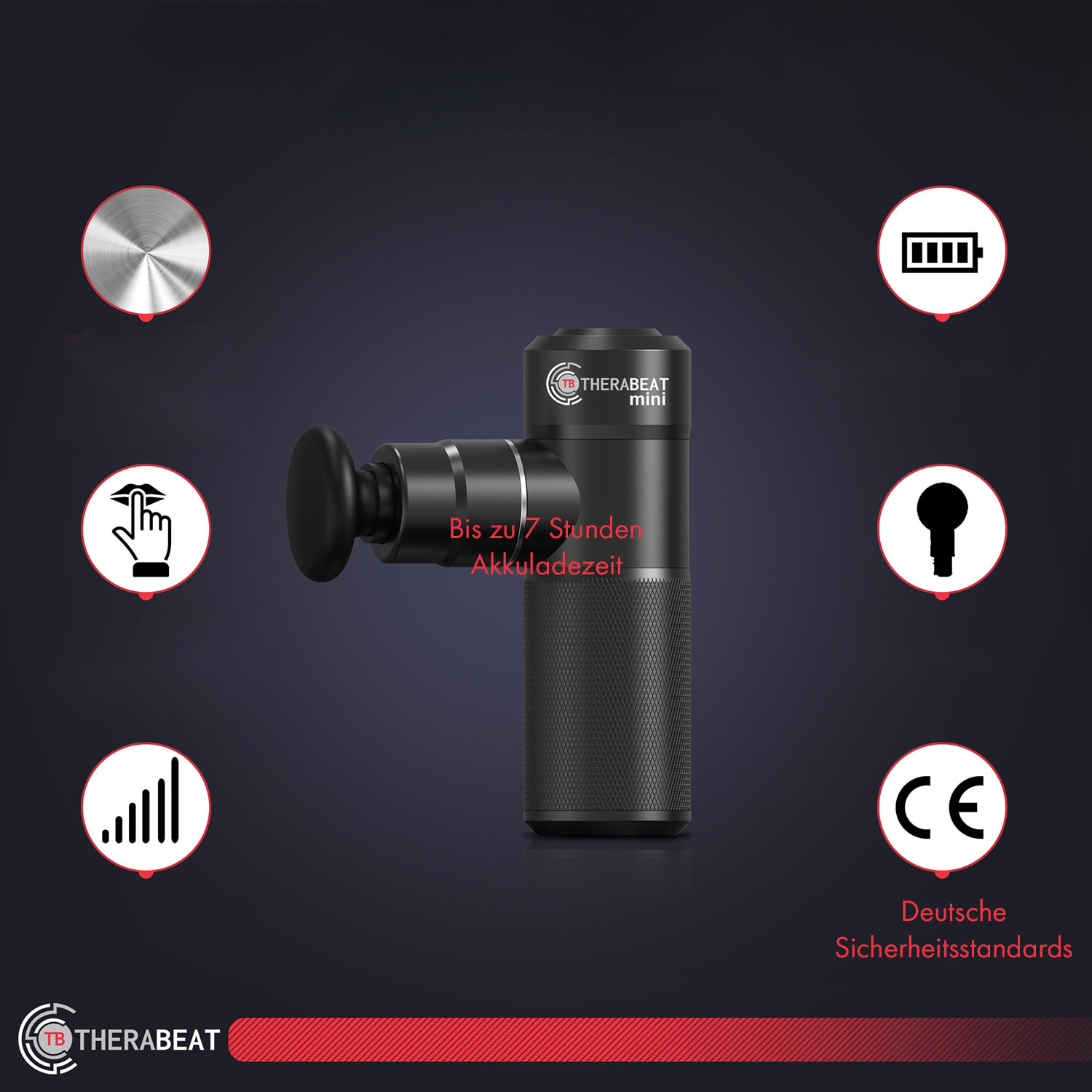 Therabeat Tofta Mini Massager, masážna pištoľ, hliník, 50 W, flowglide, 1500 – 3500 ot./min. – Obrázok 3