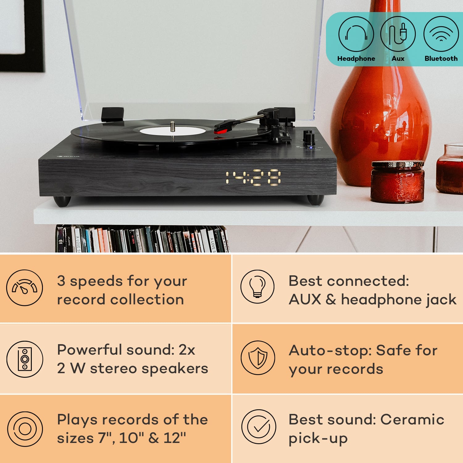 auna TT-Classic Chrono, gramofón, kryt proti prachu, Bluetooth, vrátane reproduktorov, 33/45/78 otáčok/minútu – Obrázok 2