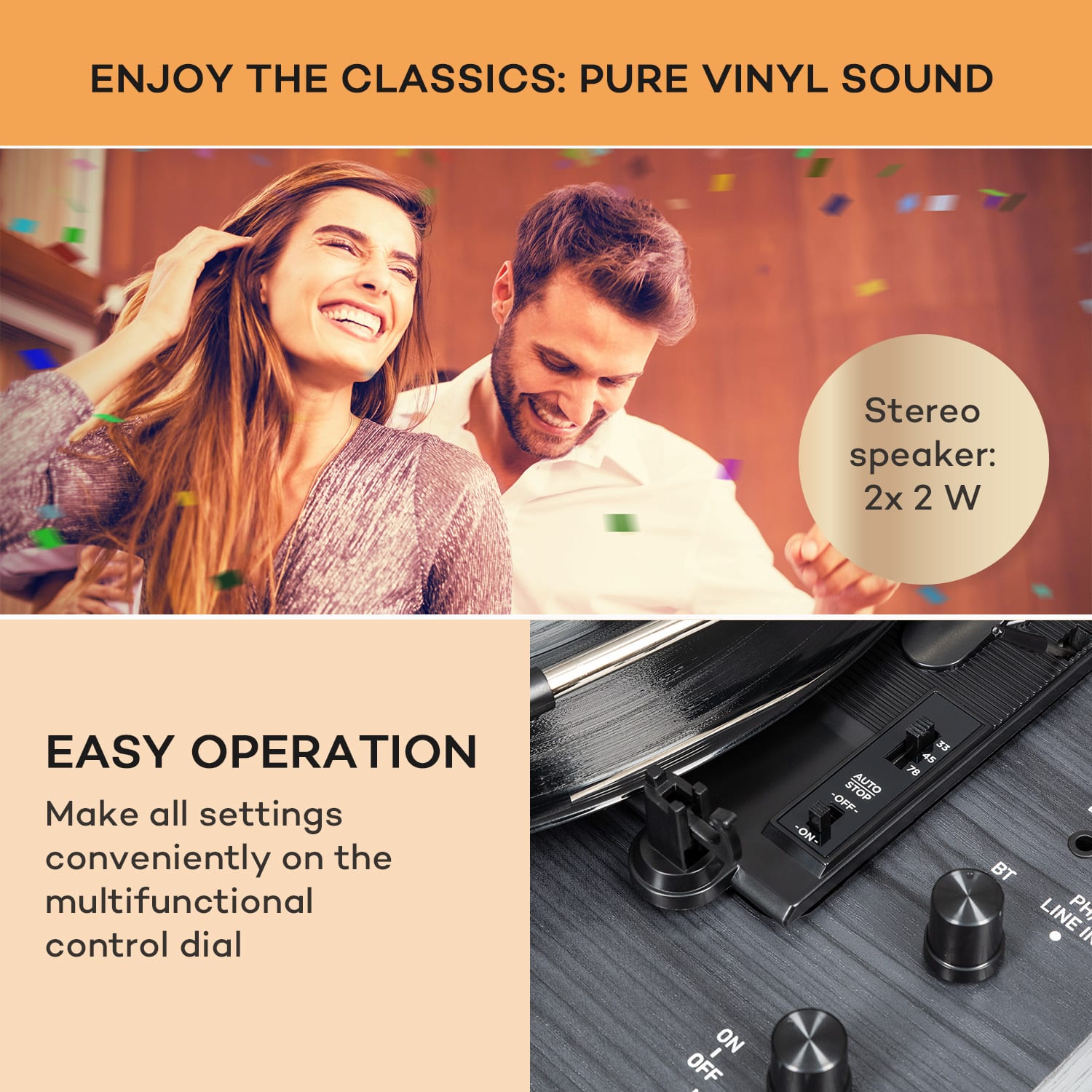 auna TT-Classic Chrono, gramofón, kryt proti prachu, Bluetooth, vrátane reproduktorov, 33/45/78 otáčok/minútu – Obrázok 3